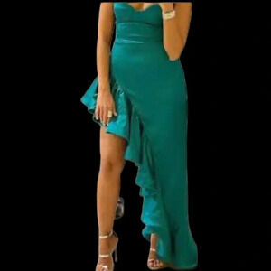 Vintage Blondie Nights Sexy  Hollywood Satin emerald green Runway dress
